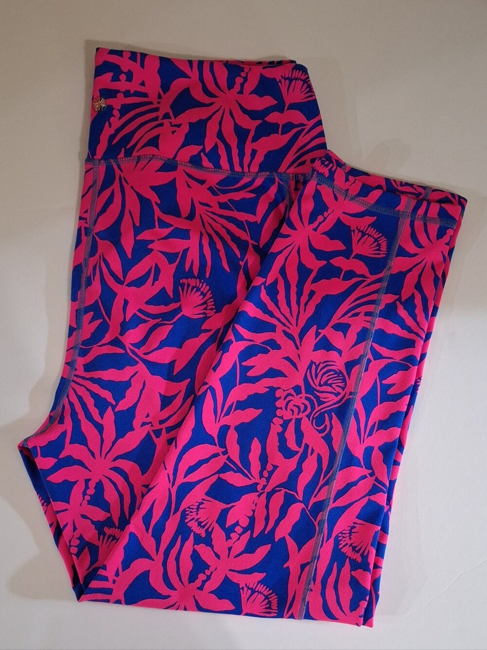 Lilly Pulitzer Luxletic Weekender Leggings Pink Blue Floral Print Size XL Flaw